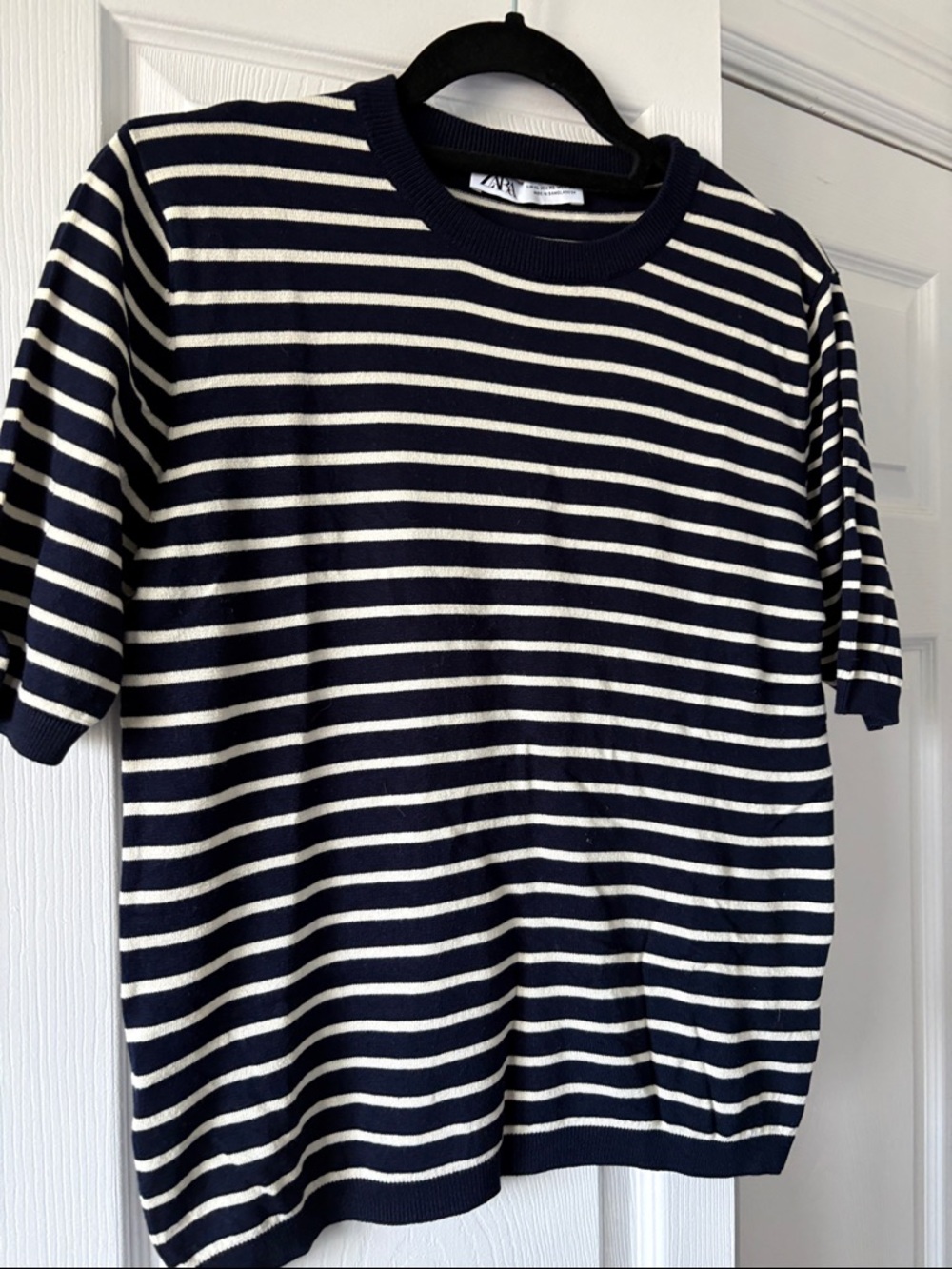 Zara Navy and White Striped Short Sleeve Top
